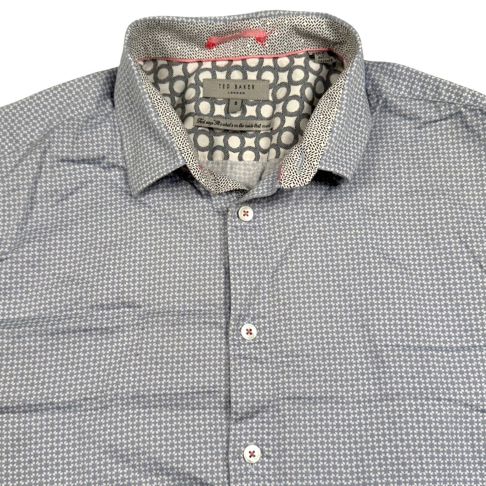 Ted Baker‎ Button Down Shirt Mens 5 XL Blue Geometric Short Sleeve Designer